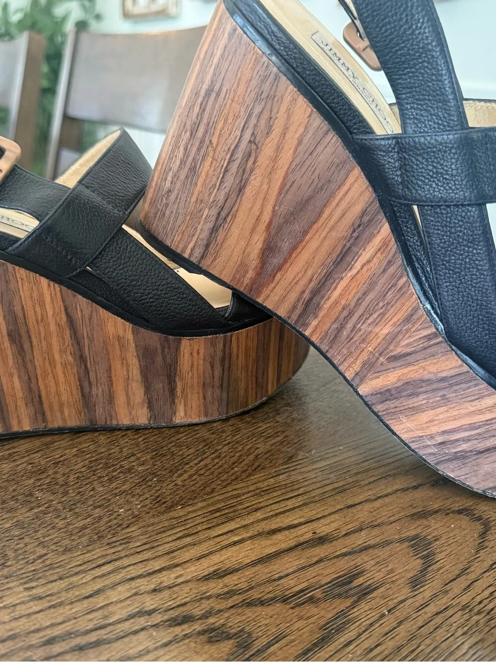 Jimmy Choo Black Leather Platform Wedge Sandals